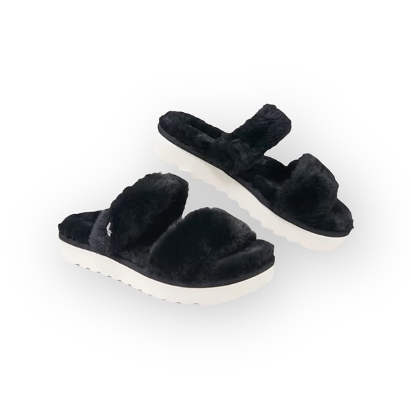 Koolaburra by UGG 𖦹 Comfy Vegan Faux Fuzzy Fur Slide Sandal 𖦹 Black White 𖦹 6 - Picture 1 of 16